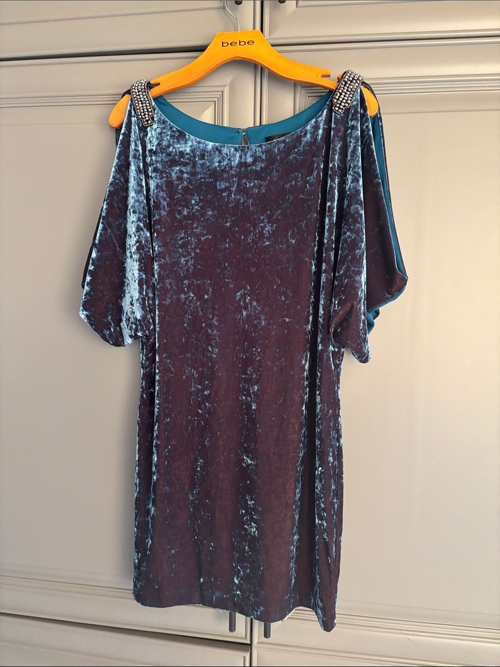 Aidan Mattox Teal Crushed Velvet Cold-Shoulder Mini with Jeweled Straps